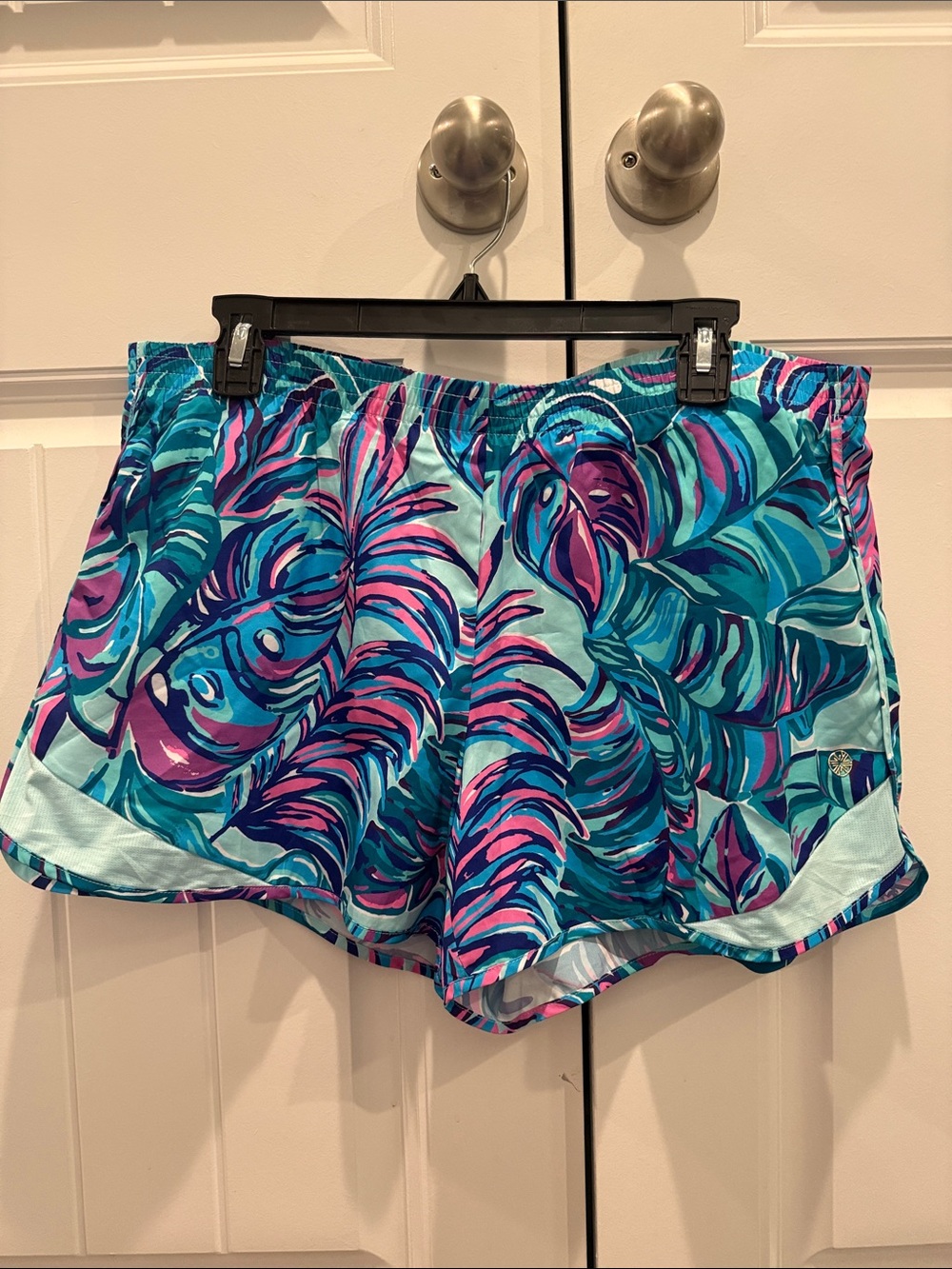 Women’s Tropical Print Running Shorts - Aqua, Teal & Pink - Picture 1 of 7